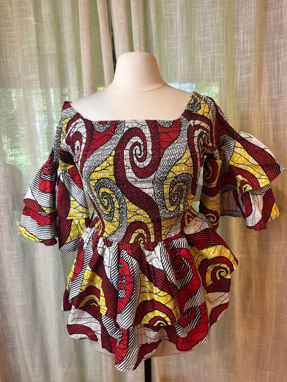 African Wax Print Peplum Top Approx L Red Yellow Ruffle Sleeve Ankara Style